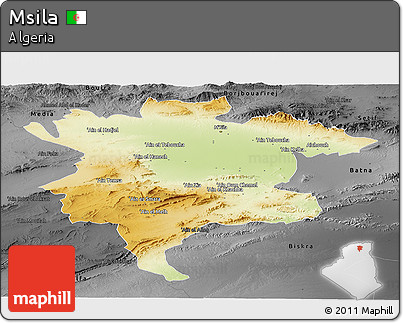 Physical Panoramic Map of Msila, darken, desaturated