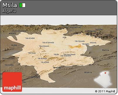 Satellite Panoramic Map of Msila, darken