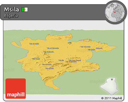Savanna Style Panoramic Map of Msila, single color outside