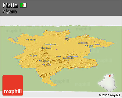 Savanna Style Panoramic Map of Msila, single color outside