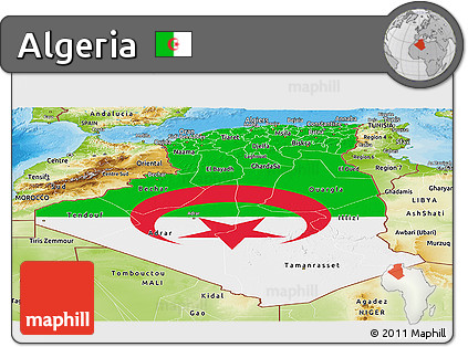 Flag Panoramic Map of Algeria, physical outside, bathymetry sea, flag rotated