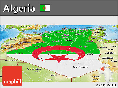 Flag Panoramic Map of Algeria, physical outside, bathymetry sea, flag rotated