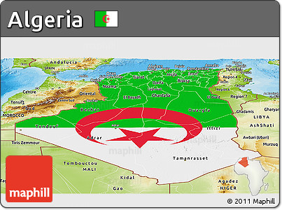 Flag Panoramic Map of Algeria, physical outside, bathymetry sea, flag rotated