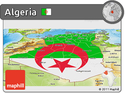 Flag Panoramic Map of Algeria, physical outside, flag aligned to the middle