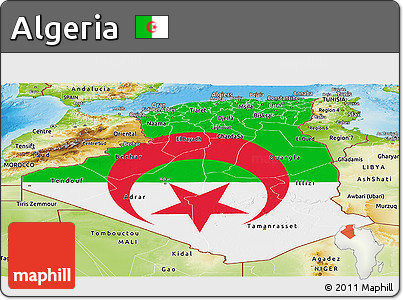 Flag Panoramic Map of Algeria, physical outside, flag aligned to the middle