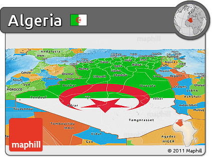 Flag Panoramic Map of Algeria, political outside, flag rotated
