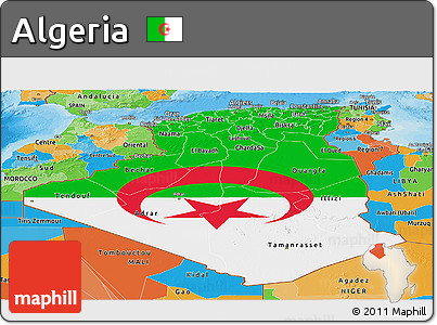 Flag Panoramic Map of Algeria, political outside, flag rotated