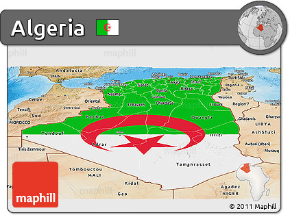 Flag Panoramic Map of Algeria, satellite outside, bathymetry sea, flag rotated