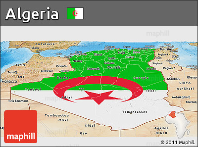 Flag Panoramic Map of Algeria, satellite outside, bathymetry sea, flag rotated
