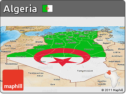 Flag Panoramic Map of Algeria, satellite outside, bathymetry sea, flag rotated