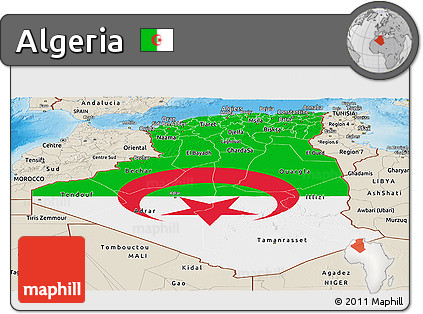 Flag Panoramic Map of Algeria, shaded relief outside, flag rotated