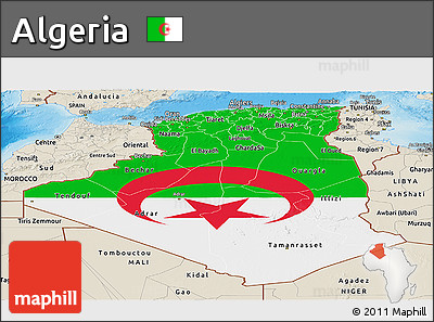 Flag Panoramic Map of Algeria, shaded relief outside, flag rotated