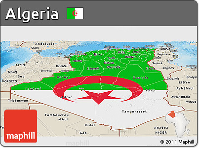 Flag Panoramic Map of Algeria, shaded relief outside, flag rotated