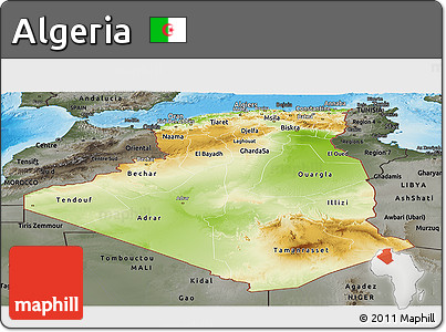 Physical Panoramic Map of Algeria, darken, semi-desaturated, land only