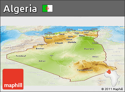 Physical Panoramic Map of Algeria, lighten, land only