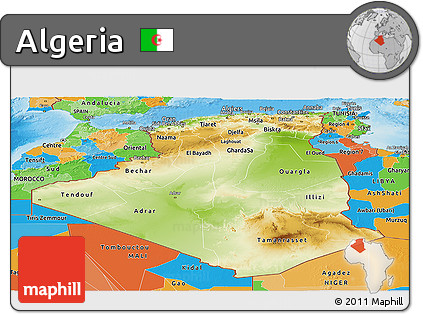 Physical Panoramic Map of Algeria, political outside, shaded relief sea