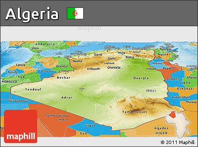Physical Panoramic Map of Algeria, political outside, shaded relief sea