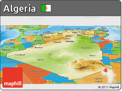 Physical Panoramic Map of Algeria, political outside, shaded relief sea