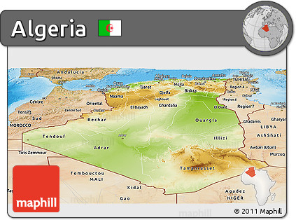 Physical Panoramic Map of Algeria, satellite outside, shaded relief sea