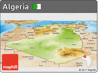Physical Panoramic Map of Algeria, satellite outside, shaded relief sea