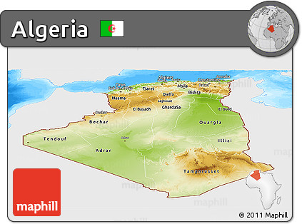 Physical Panoramic Map of Algeria, single color outside, bathymetry sea