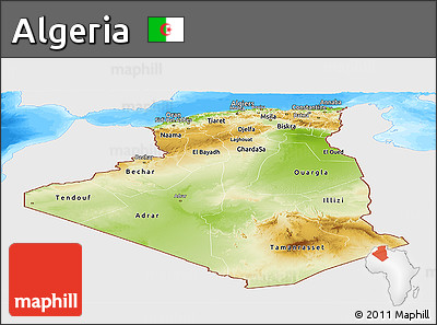 Physical Panoramic Map of Algeria, single color outside, bathymetry sea