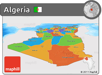 Political Panoramic Map of Algeria, single color outside, bathymetry sea