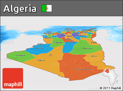 Political Panoramic Map of Algeria, single color outside, bathymetry sea