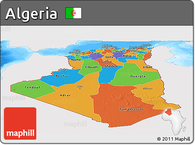 Political Panoramic Map of Algeria, single color outside, bathymetry sea