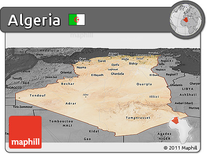 Satellite Panoramic Map of Algeria, darken, desaturated