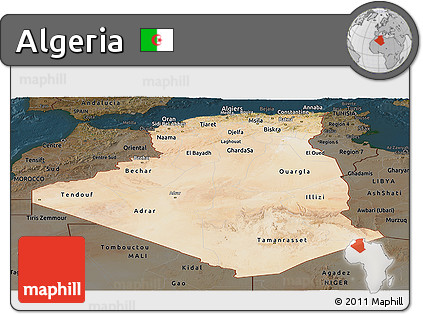 Satellite Panoramic Map of Algeria, darken