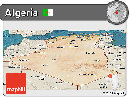 Satellite Panoramic Map of Algeria, shaded relief outside, satellite sea