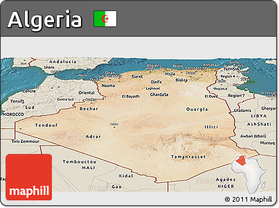 Satellite Panoramic Map of Algeria, shaded relief outside, satellite sea