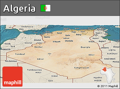 Satellite Panoramic Map of Algeria, shaded relief outside, satellite sea