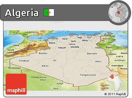 Shaded Relief Panoramic Map of Algeria, physical outside