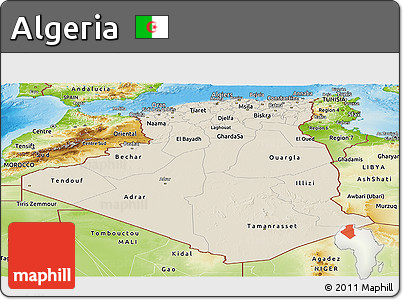 Shaded Relief Panoramic Map of Algeria, physical outside