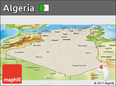 Shaded Relief Panoramic Map of Algeria, physical outside