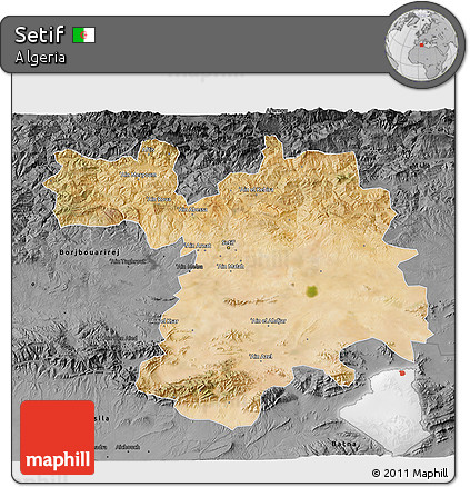 Satellite 3D Map of Setif, darken, desaturated