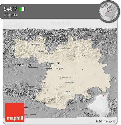 Shaded Relief 3D Map of Setif, darken, desaturated