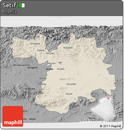 Shaded Relief 3D Map of Setif, darken, desaturated