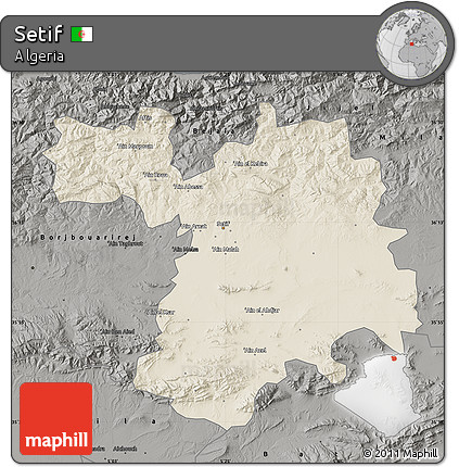 Shaded Relief Map of Setif, darken, semi-desaturated