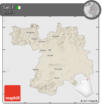 Shaded Relief Map of Setif, single color outside