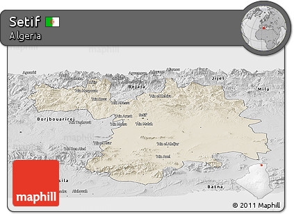 Shaded Relief Panoramic Map of Setif, desaturated