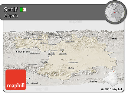 Shaded Relief Panoramic Map of Setif, semi-desaturated