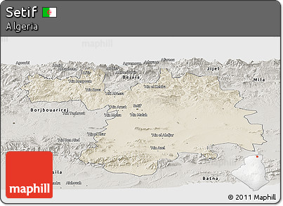 Shaded Relief Panoramic Map of Setif, semi-desaturated