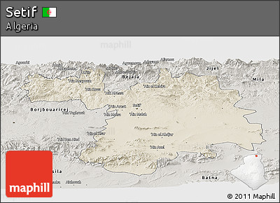 Shaded Relief Panoramic Map of Setif, semi-desaturated