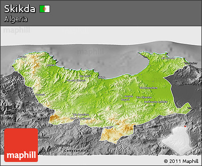 Physical 3D Map of Skikda, darken, desaturated
