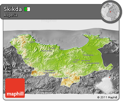 Physical 3D Map of Skikda, darken, desaturated