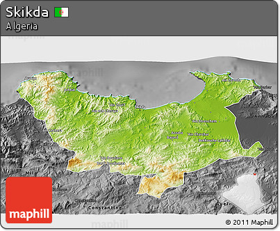 Physical 3D Map of Skikda, darken, desaturated