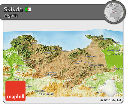 Satellite 3D Map of Skikda, physical outside